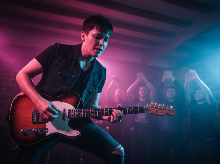 An electrifying wide-angle shot from the front row showcasing a local band's lead singer, drenched in vibrant stage lights, passionately engaging with the crowd at a rustic Cockatoo venue, perfectly representing expert live band photography Cockatoo venues.
