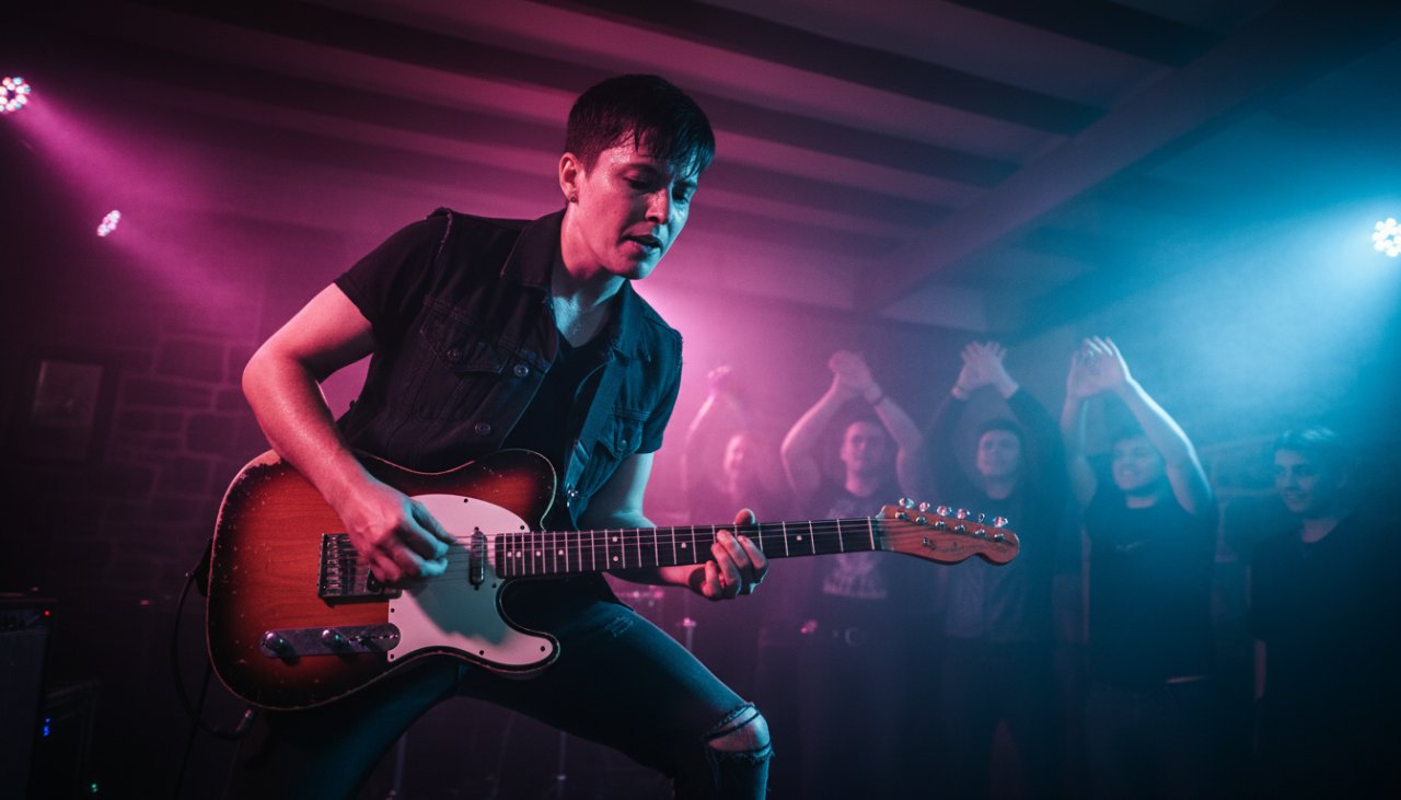An electrifying wide-angle shot from the front row showcasing a local band's lead singer, drenched in vibrant stage lights, passionately engaging with the crowd at a rustic Cockatoo venue, perfectly representing expert live band photography Cockatoo venues.