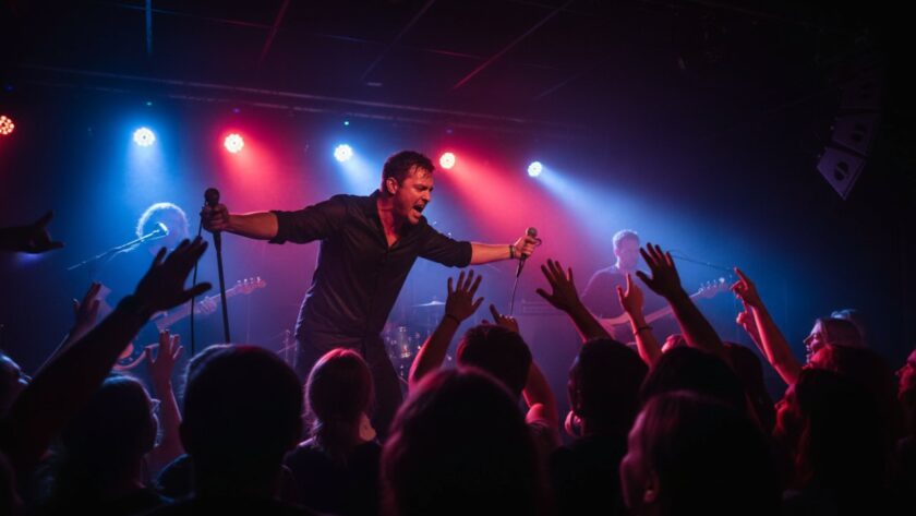 An electrifying, wide-angle shot of a lead guitarist mid-solo on stage at a Mount Dandenong venue, bathed in dramatic magenta and blue stage lights, with a cheering crowd silhouetted. This image exemplifies expert Mount Dandenong concert photography for vibrant live music.