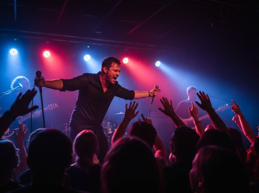 An electrifying, wide-angle shot of a lead guitarist mid-solo on stage at a Mount Dandenong venue, bathed in dramatic magenta and blue stage lights, with a cheering crowd silhouetted. This image exemplifies expert Mount Dandenong concert photography for vibrant live music.