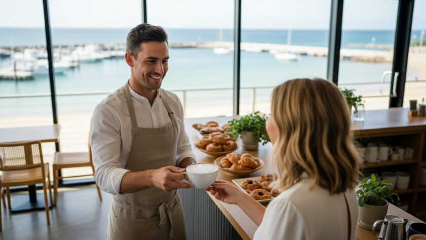 A dynamic, wide-angle photograph showing a professional commercial photographer expertly capturing a vibrant scene at the Safety Beach marina, featuring local businesses, boats, and a cafe with patrons, bathed in warm golden hour light, embodying expert Safety Beach commercial photography for local businesses.