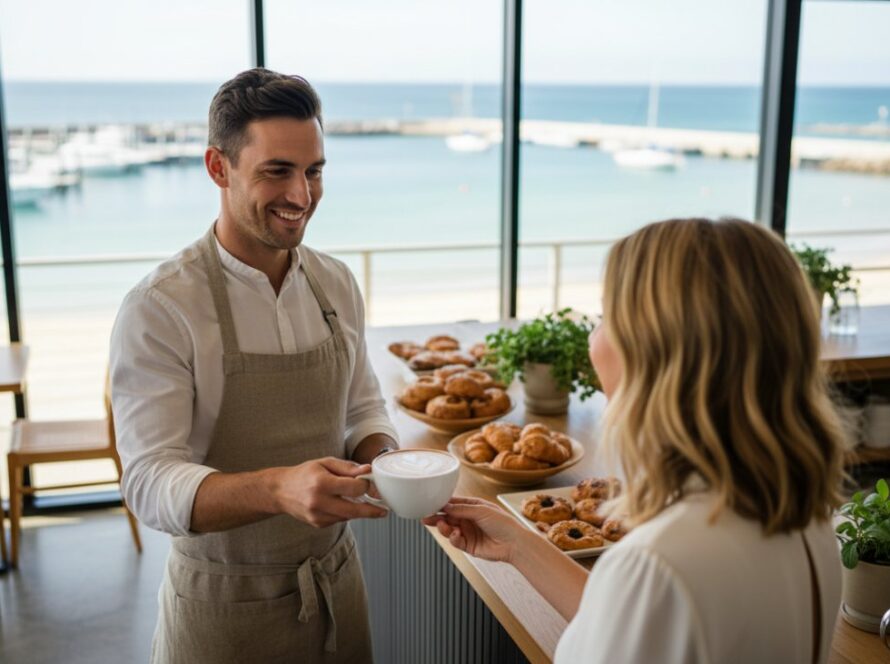 A dynamic, wide-angle photograph showing a professional commercial photographer expertly capturing a vibrant scene at the Safety Beach marina, featuring local businesses, boats, and a cafe with patrons, bathed in warm golden hour light, embodying expert Safety Beach commercial photography for local businesses.