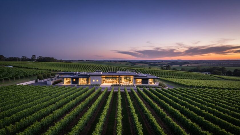 An epic, wide-angle twilight shot of a modern luxury vineyard home in Yarra Glen, Victoria, bathed in warm interior lights against a dramatic sunset sky. This image exemplifies expert Yarra Glen real estate photography vineyard homes, showcasing elegance and prime location.