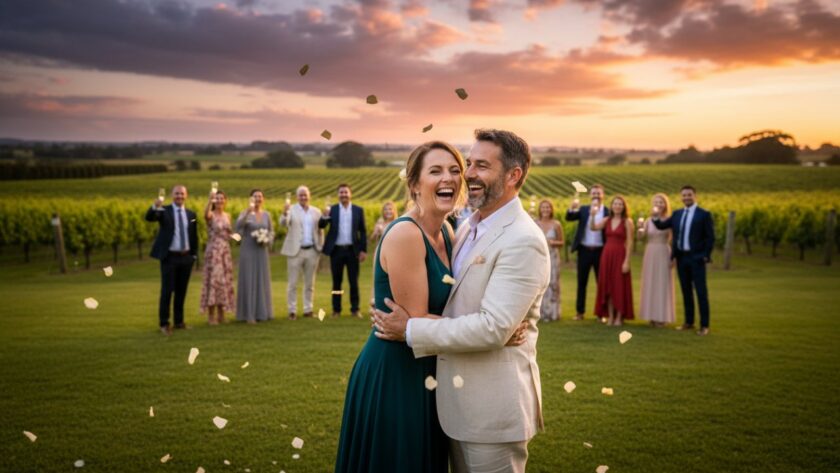 An epic moment captured with expert Yering party photography for milestone celebrations, showing guests toasting amidst the golden hour glow of a Yarra Valley vineyard party, joyfully celebrating a special occasion.