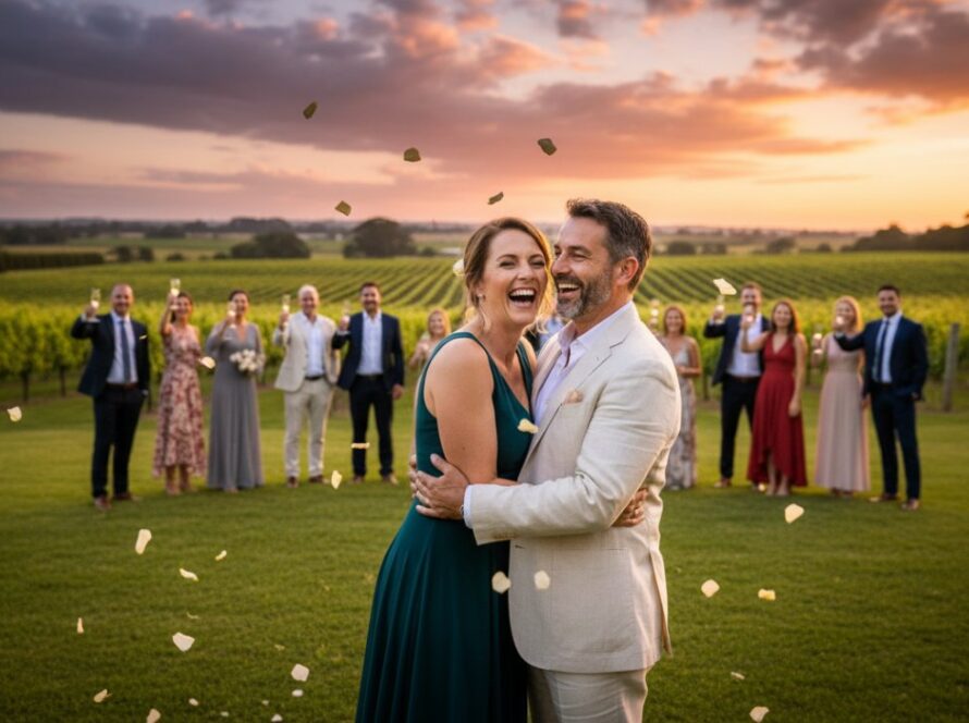 An epic moment captured with expert Yering party photography for milestone celebrations, showing guests toasting amidst the golden hour glow of a Yarra Valley vineyard party, joyfully celebrating a special occasion.