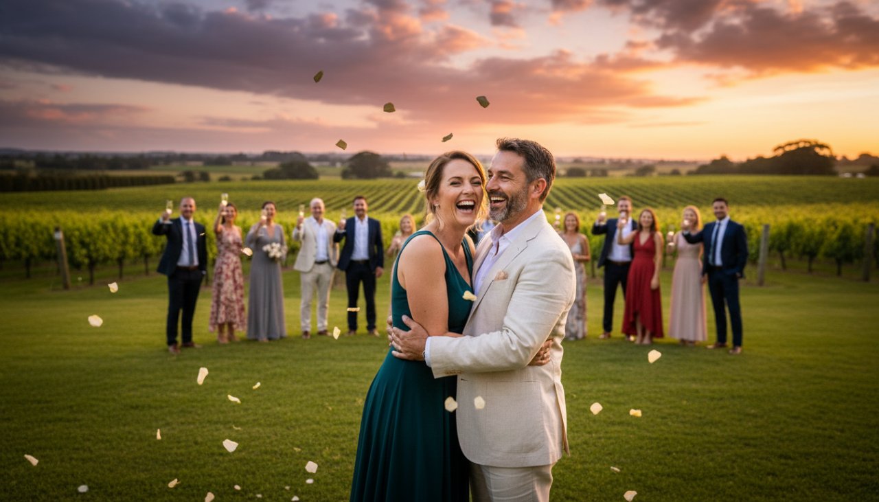 An epic moment captured with expert Yering party photography for milestone celebrations, showing guests toasting amidst the golden hour glow of a Yarra Valley vineyard party, joyfully celebrating a special occasion.