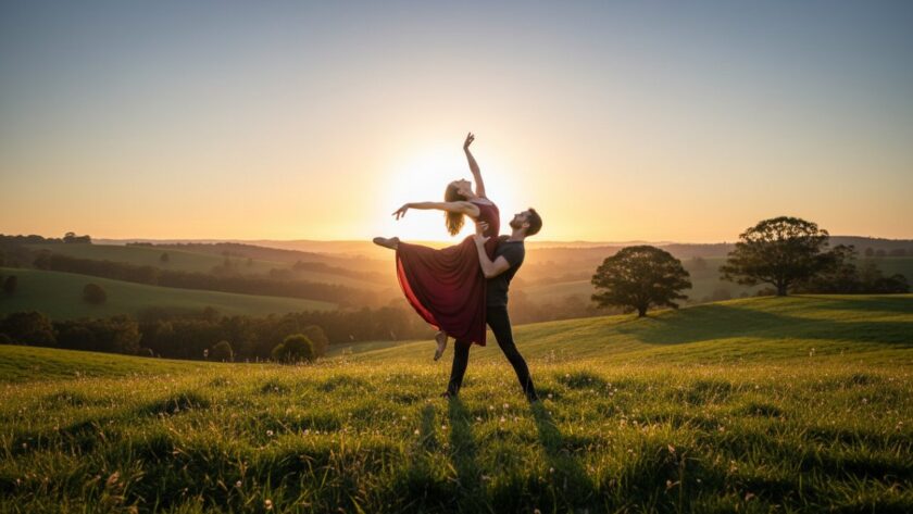 A ballet dancer performing a powerful leap mid-air against the lush, green rolling hills of Avonsleigh at sunset, showcasing the beauty of Expressive Dance Photography Avonsleigh Landscapes, with golden light illuminating her flowing costume.