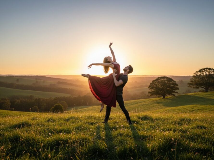 A ballet dancer performing a powerful leap mid-air against the lush, green rolling hills of Avonsleigh at sunset, showcasing the beauty of Expressive Dance Photography Avonsleigh Landscapes, with golden light illuminating her flowing costume.