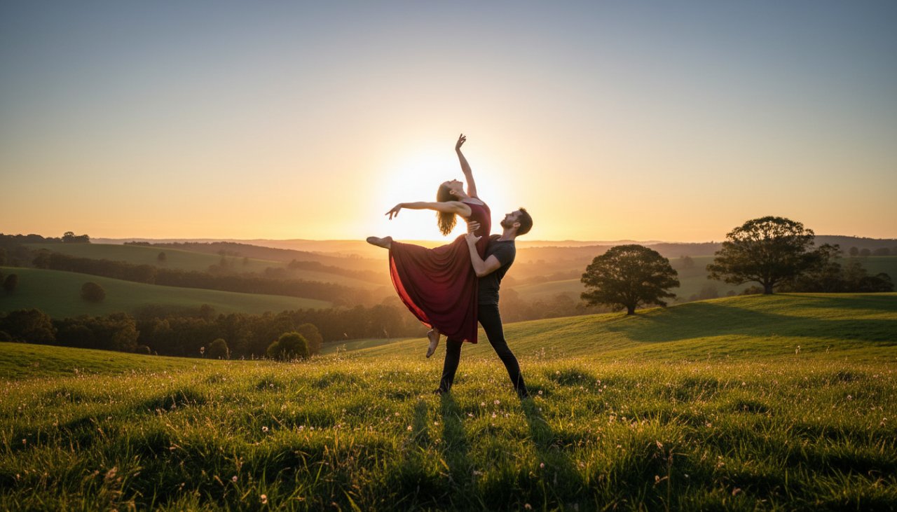 A ballet dancer performing a powerful leap mid-air against the lush, green rolling hills of Avonsleigh at sunset, showcasing the beauty of Expressive Dance Photography Avonsleigh Landscapes, with golden light illuminating her flowing costume.