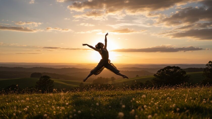 A powerful and expressive dance photography shot in Belgrave South, capturing a dancer mid-air in a dramatic leap against the lush Dandenongs backdrop, showcasing their raw emotion and athletic grace.