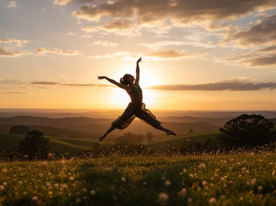 A powerful and expressive dance photography shot in Belgrave South, capturing a dancer mid-air in a dramatic leap against the lush Dandenongs backdrop, showcasing their raw emotion and athletic grace.