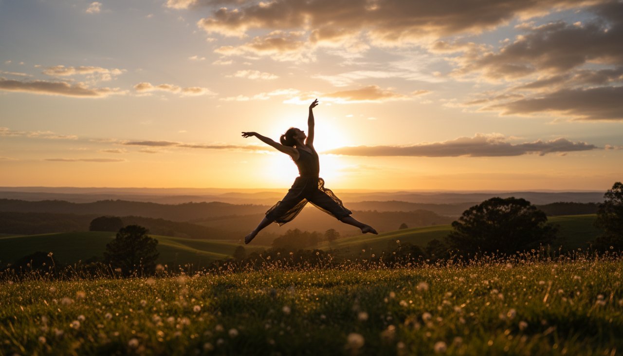 A powerful and expressive dance photography shot in Belgrave South, capturing a dancer mid-air in a dramatic leap against the lush Dandenongs backdrop, showcasing their raw emotion and athletic grace.