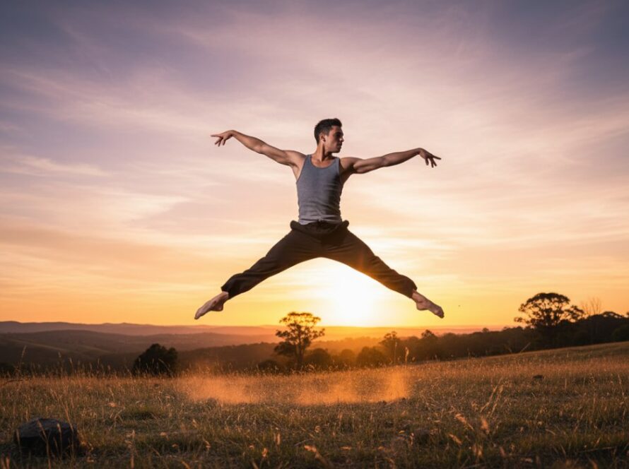An expressive dance photoshoot Montrose VIC capturing a male dancer mid-leap at sunset, silhouetted against the Dandenongs, showcasing powerful movement and artistic expression.