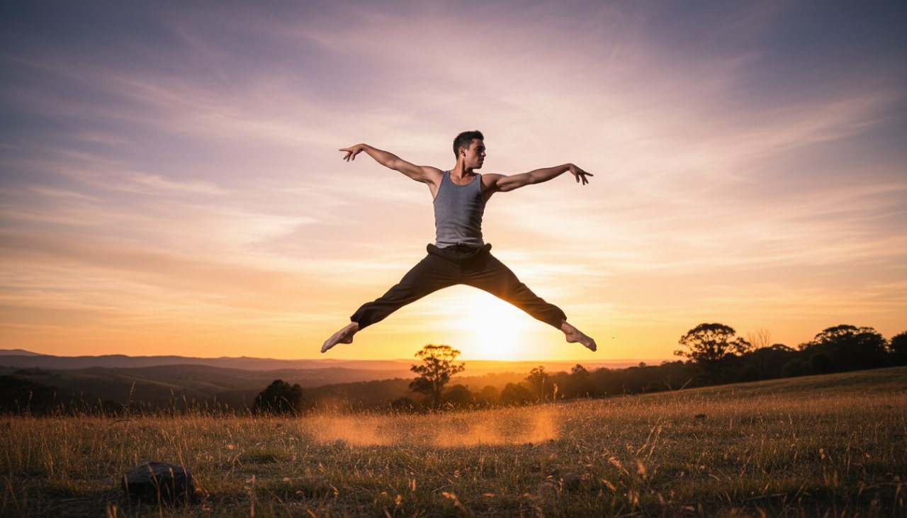 An expressive dance photoshoot Montrose VIC capturing a male dancer mid-leap at sunset, silhouetted against the Dandenongs, showcasing powerful movement and artistic expression.