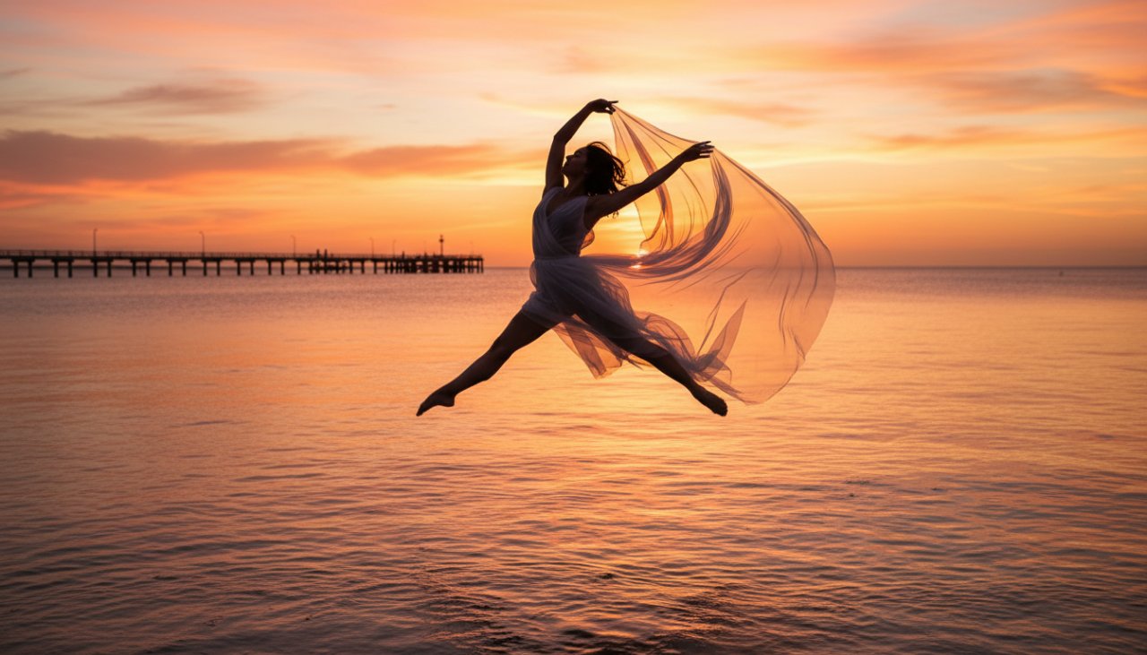 A powerful ballet dancer mid-air, silhouetted against a golden Capel Sound sunset, captured during an expressive dance photoshoot in Capel Sound, highlighting dynamic motion and artistic expression.