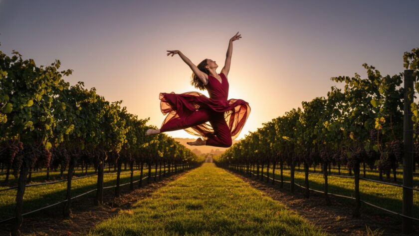 An epic moment of expressive outdoor dance photography Steels Creek vineyards, showcasing a female dancer in a powerful leap against a backdrop of sunlit, rolling hills and grapevines at sunset, capturing grace and strength.