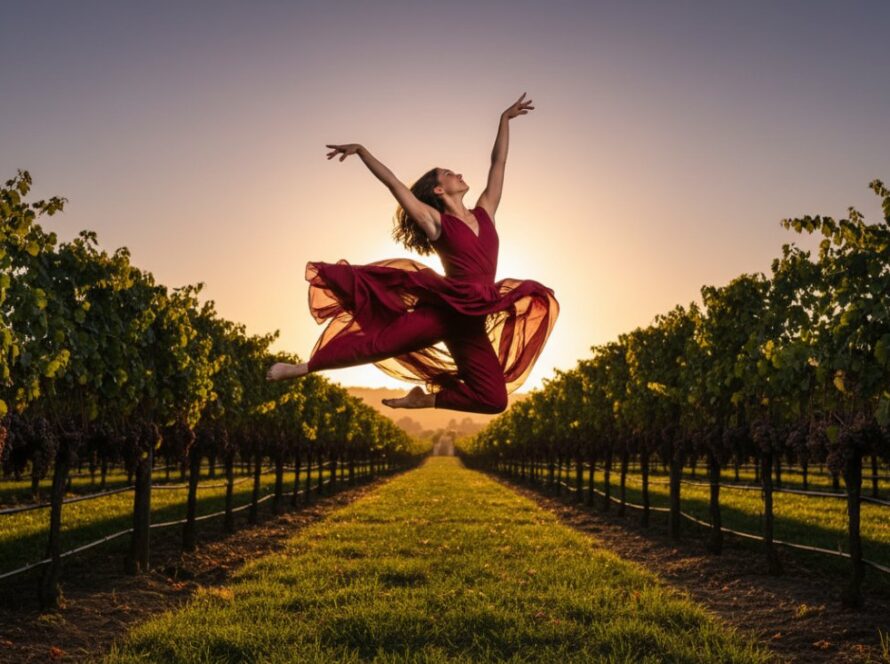 An epic moment of expressive outdoor dance photography Steels Creek vineyards, showcasing a female dancer in a powerful leap against a backdrop of sunlit, rolling hills and grapevines at sunset, capturing grace and strength.