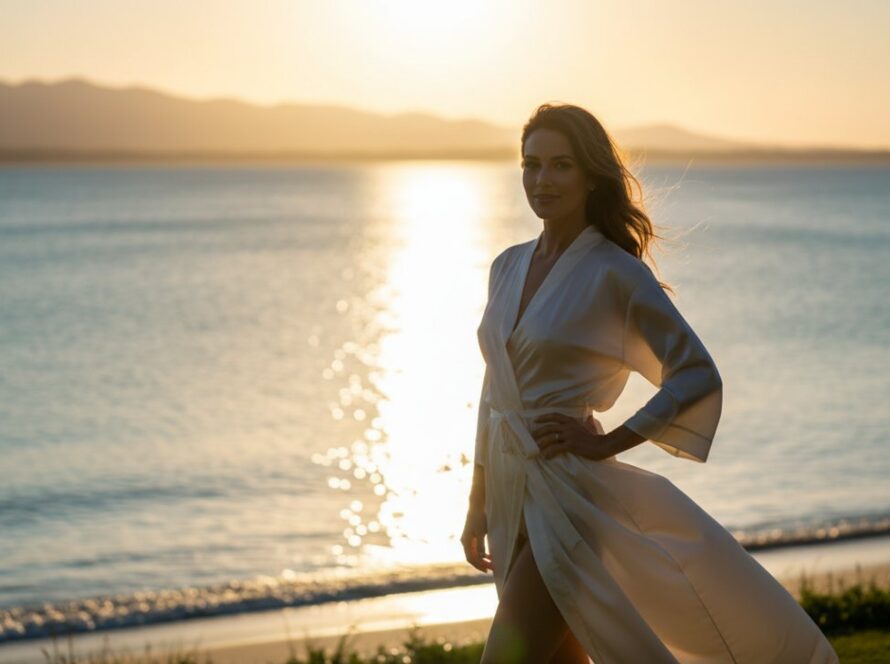 An empowering and exquisite boudoir photography Safety Beach portrait of a woman silhouetted against a soft, golden sunrise over the calm waters of Port Phillip Bay, radiating confidence and grace.
