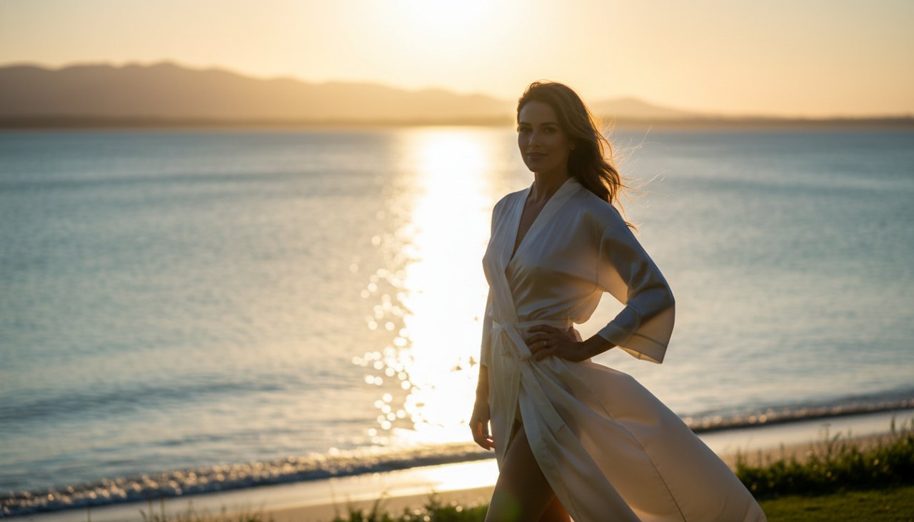 An empowering and exquisite boudoir photography Safety Beach portrait of a woman silhouetted against a soft, golden sunrise over the calm waters of Port Phillip Bay, radiating confidence and grace.
