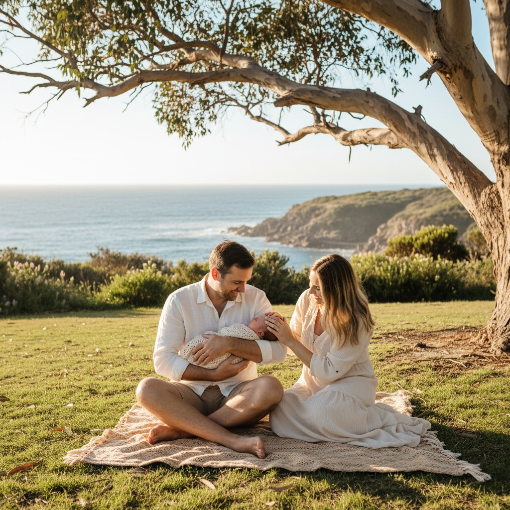A candid, high-quality photograph of an Australian family with a newborn baby, interacting naturally in an outdoor setting like a sun-drenched coastal park or a serene bushland garden. The parents are gently holding or engaging with the baby, showcasing comfortable, natural posing, with the family dressed in soft, neutral-toned outfits that complement the natural Australian landscape. No text.