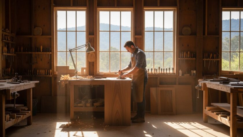 An epic, high-angle shot showcasing a local artisanal bakery in Ferny Creek, Victoria, with a beautifully lit display of freshly baked sourdough loaves and pastries, a baker in action in the background, sunlight streaming through a large window, embodying Ferny Creek advertising photography for local businesses.