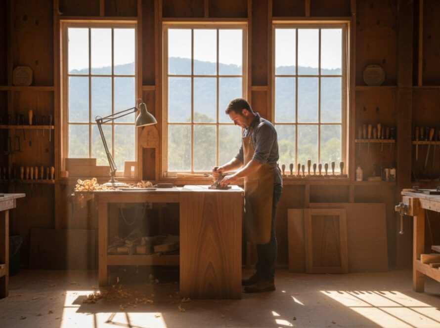 An epic, high-angle shot showcasing a local artisanal bakery in Ferny Creek, Victoria, with a beautifully lit display of freshly baked sourdough loaves and pastries, a baker in action in the background, sunlight streaming through a large window, embodying Ferny Creek advertising photography for local businesses.