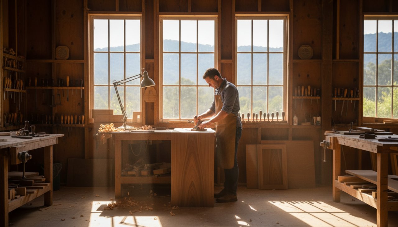 An epic, high-angle shot showcasing a local artisanal bakery in Ferny Creek, Victoria, with a beautifully lit display of freshly baked sourdough loaves and pastries, a baker in action in the background, sunlight streaming through a large window, embodying Ferny Creek advertising photography for local businesses.