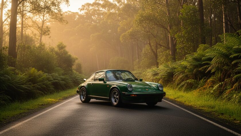 An epic moment of a classic sports car bathed in the soft, warm glow of the Ferny Creek Automotive Photography Dandenongs Golden Hour, parked on a winding road with mist rising from the Dandenong Ranges.
