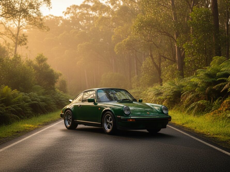 An epic moment of a classic sports car bathed in the soft, warm glow of the Ferny Creek Automotive Photography Dandenongs Golden Hour, parked on a winding road with mist rising from the Dandenong Ranges.