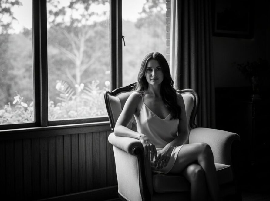 A captivating black and white portrait capturing an intimate, empowering moment during a Ferny Creek boudoir photography for self-love session. The woman is elegantly posed by a window, soft natural light highlighting her silhouette against the lush Dandenong Ranges backdrop, evoking a sense of serenity and confidence.