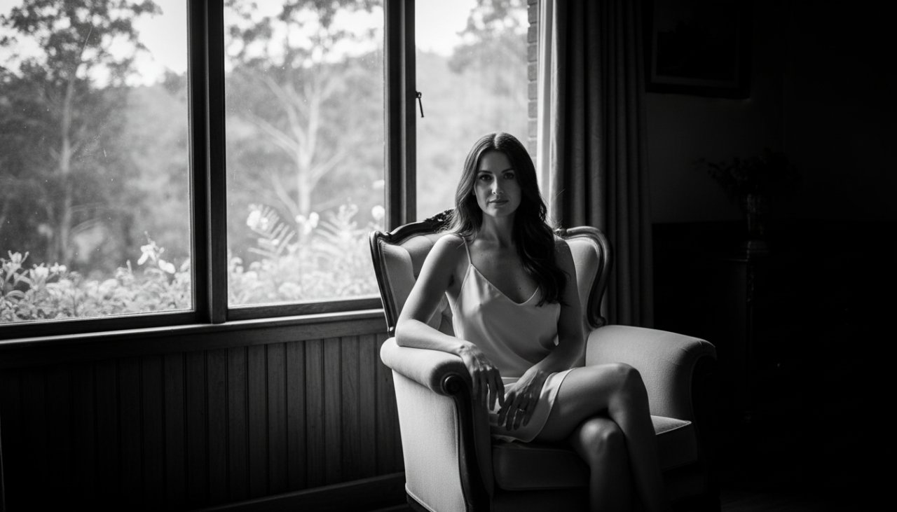 A captivating black and white portrait capturing an intimate, empowering moment during a Ferny Creek boudoir photography for self-love session. The woman is elegantly posed by a window, soft natural light highlighting her silhouette against the lush Dandenong Ranges backdrop, evoking a sense of serenity and confidence.