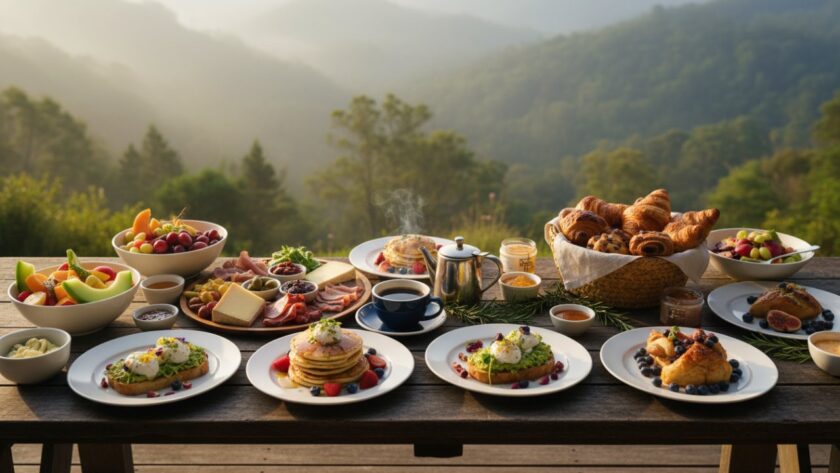 An exquisite aerial shot capturing a rustic wooden table laden with beautifully plated brunch dishes, steaming coffee, and fresh pastries, set against the misty, verdant backdrop of Ferny Creek, Victoria, bathed in soft morning light, embodying Ferny Creek cafe food photography tips.