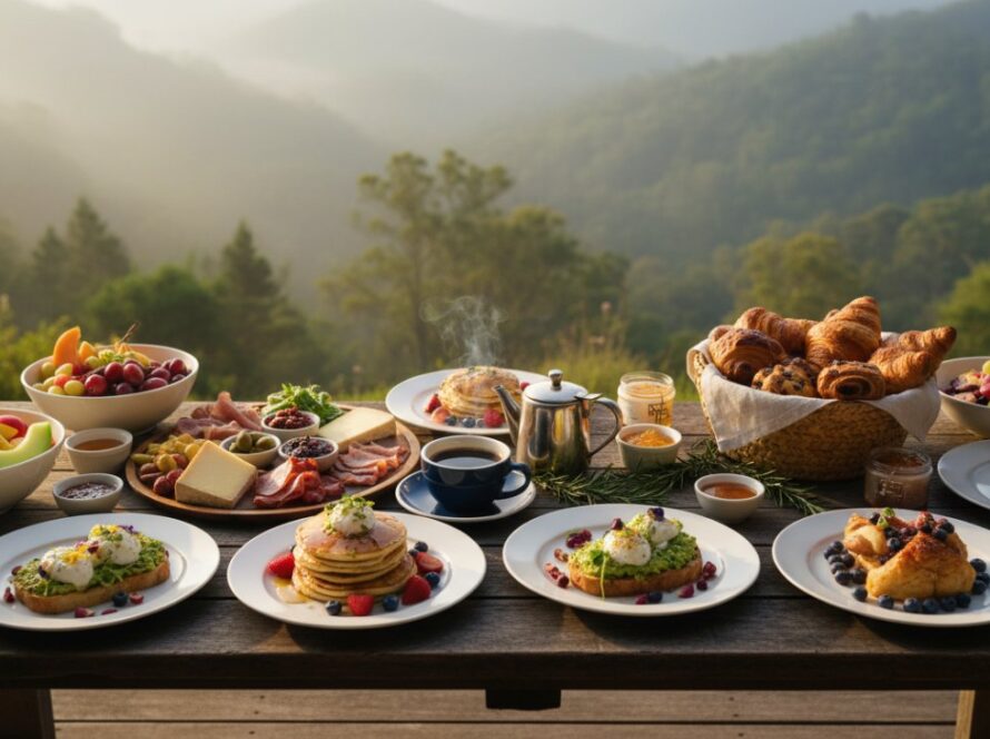 An exquisite aerial shot capturing a rustic wooden table laden with beautifully plated brunch dishes, steaming coffee, and fresh pastries, set against the misty, verdant backdrop of Ferny Creek, Victoria, bathed in soft morning light, embodying Ferny Creek cafe food photography tips.