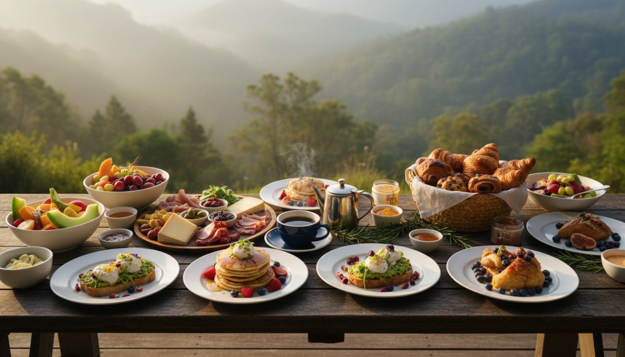 An exquisite aerial shot capturing a rustic wooden table laden with beautifully plated brunch dishes, steaming coffee, and fresh pastries, set against the misty, verdant backdrop of Ferny Creek, Victoria, bathed in soft morning light, embodying Ferny Creek cafe food photography tips.