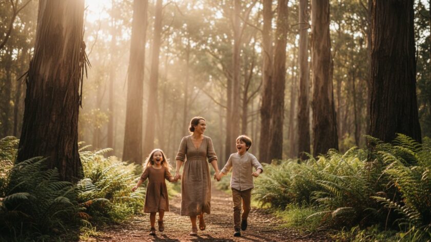 A heartwarming, genuine moment captured by Ferny Creek candid photography genuine moments, showing a family laughing joyfully amidst the lush, sun-dappled forest of Ferny Creek, Victoria, with a cinematic, golden hour glow.
