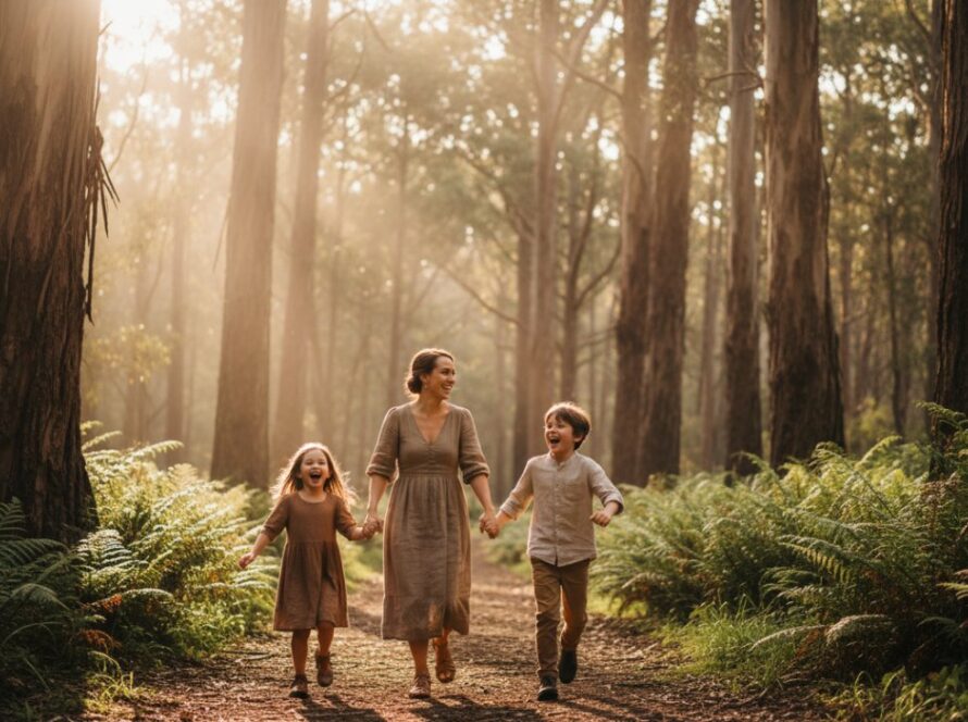 A heartwarming, genuine moment captured by Ferny Creek candid photography genuine moments, showing a family laughing joyfully amidst the lush, sun-dappled forest of Ferny Creek, Victoria, with a cinematic, golden hour glow.