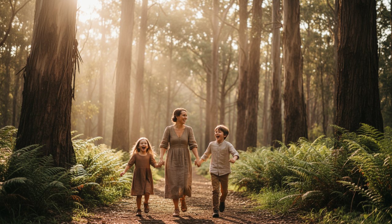 A heartwarming, genuine moment captured by Ferny Creek candid photography genuine moments, showing a family laughing joyfully amidst the lush, sun-dappled forest of Ferny Creek, Victoria, with a cinematic, golden hour glow.