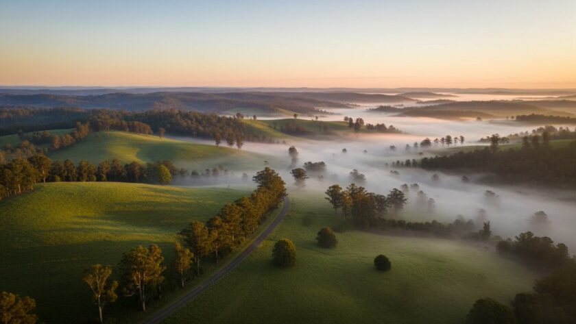 An 'epic moment' aerial view of a vibrant sunset over the Dandenong Ranges, capturing the stunning natural beauty of Ferny Creek drone photography for breathtaking views, with rays of light illuminating misty valleys.