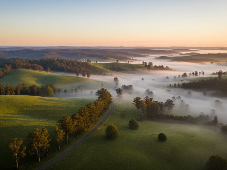 An 'epic moment' aerial view of a vibrant sunset over the Dandenong Ranges, capturing the stunning natural beauty of Ferny Creek drone photography for breathtaking views, with rays of light illuminating misty valleys.
