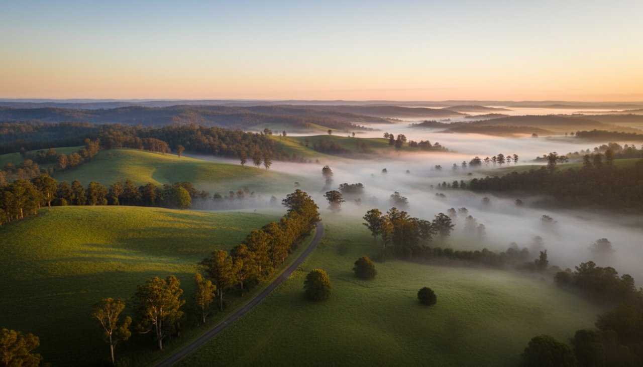 An 'epic moment' aerial view of a vibrant sunset over the Dandenong Ranges, capturing the stunning natural beauty of Ferny Creek drone photography for breathtaking views, with rays of light illuminating misty valleys.