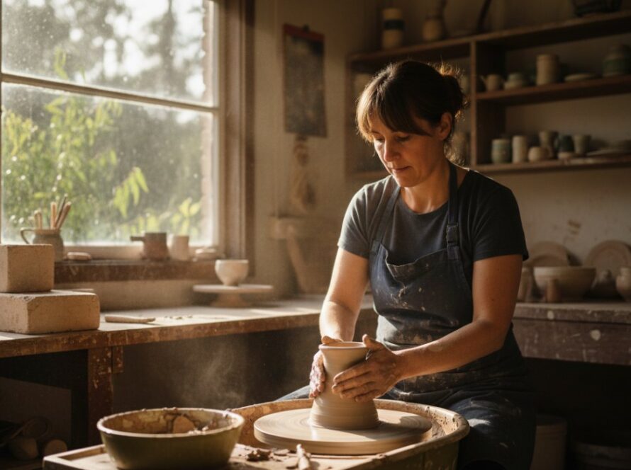 An epic moment captured through Ferny Creek editorial photography capturing authentic narratives: a local artisan passionately crafting pottery in a sun-drenched Ferny Creek studio, surrounded by native eucalyptus, highlighting their dedication and the serene Dandenong Ranges environment.