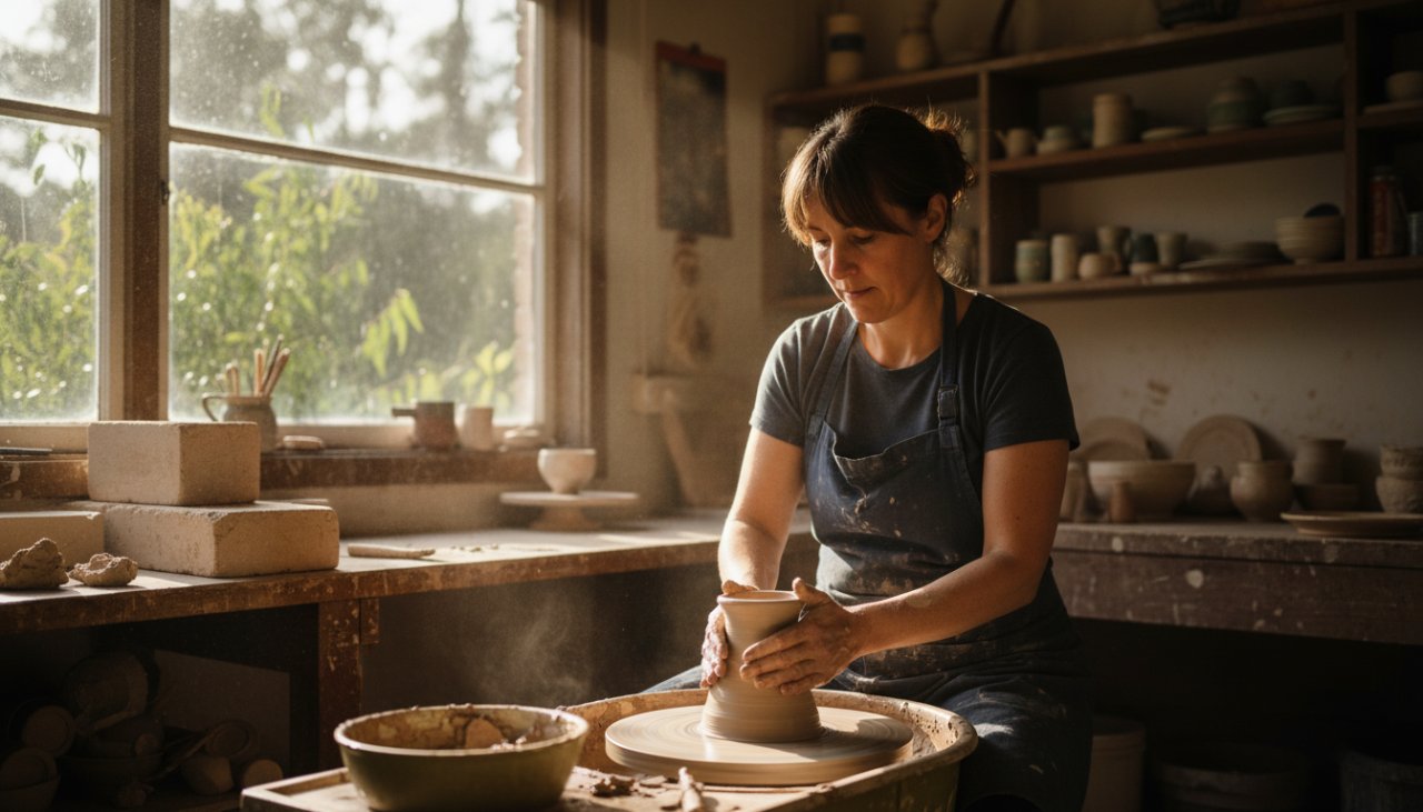 An epic moment captured through Ferny Creek editorial photography capturing authentic narratives: a local artisan passionately crafting pottery in a sun-drenched Ferny Creek studio, surrounded by native eucalyptus, highlighting their dedication and the serene Dandenong Ranges environment.