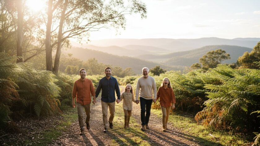 An epic moment of a family laughing joyfully amidst the lush, golden-lit Ferny Creek bushland, perfectly embodying Ferny Creek family photography capturing authentic moments.