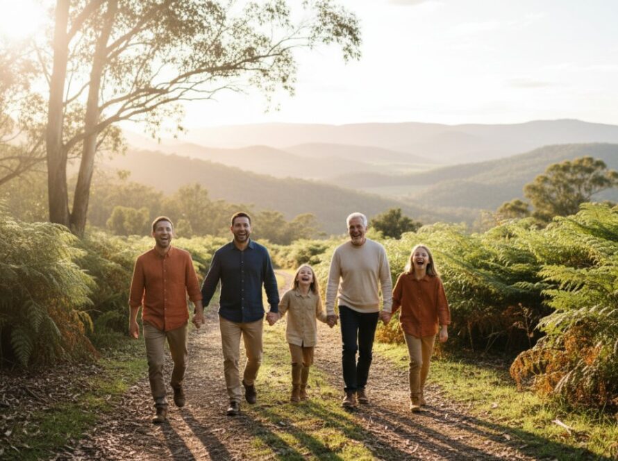 An epic moment of a family laughing joyfully amidst the lush, golden-lit Ferny Creek bushland, perfectly embodying Ferny Creek family photography capturing authentic moments.