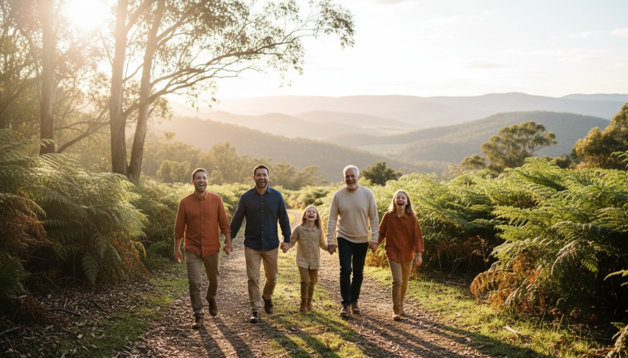 An epic moment of a family laughing joyfully amidst the lush, golden-lit Ferny Creek bushland, perfectly embodying Ferny Creek family photography capturing authentic moments.
