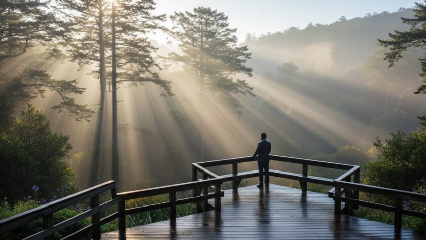 An awe-inspiring wide-angle fine art photograph showcasing a single figure silhouetted against a misty, ethereal sunrise over the lush Dandenong Ranges, perfectly embodying Ferny Creek fine art photography capturing Dandenong Ranges magic.