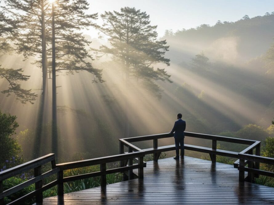 An awe-inspiring wide-angle fine art photograph showcasing a single figure silhouetted against a misty, ethereal sunrise over the lush Dandenong Ranges, perfectly embodying Ferny Creek fine art photography capturing Dandenong Ranges magic.