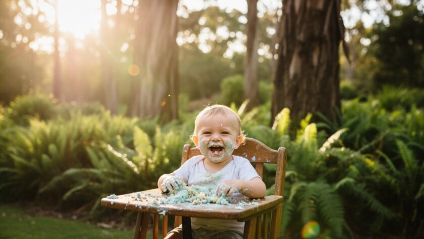 An adorable toddler covered in cake, laughing joyfully amidst a whimsical outdoor setting in Ferny Creek during their first birthday cake smash photoshoot, captured in an epic, vibrant moment.