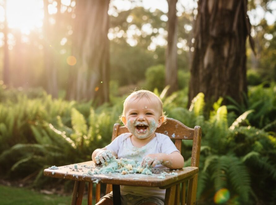 An adorable toddler covered in cake, laughing joyfully amidst a whimsical outdoor setting in Ferny Creek during their first birthday cake smash photoshoot, captured in an epic, vibrant moment.