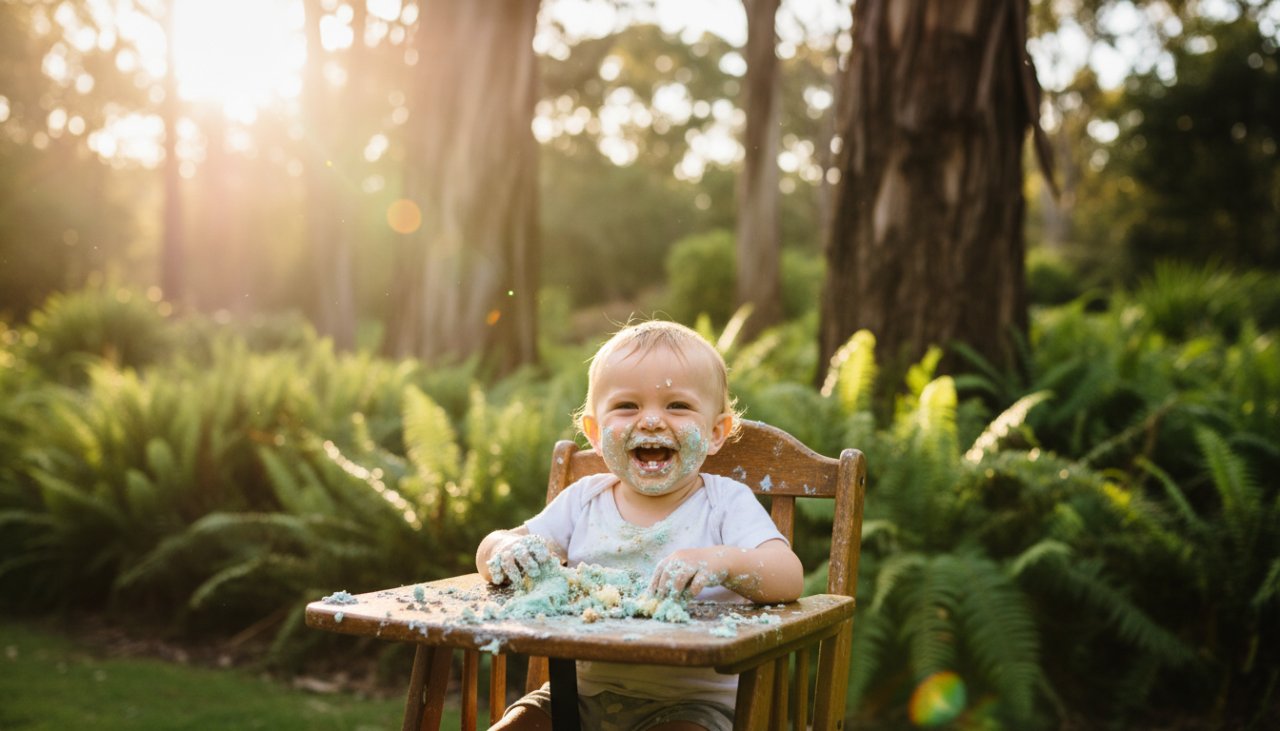 An adorable toddler covered in cake, laughing joyfully amidst a whimsical outdoor setting in Ferny Creek during their first birthday cake smash photoshoot, captured in an epic, vibrant moment.